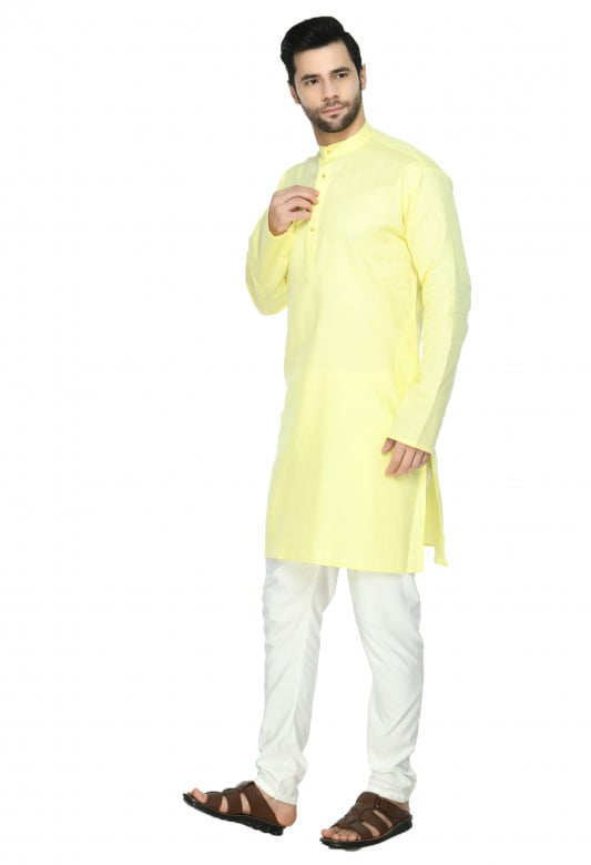 Tribes India Cotton Linen Kurta & Pyjama Set - Light Yellow