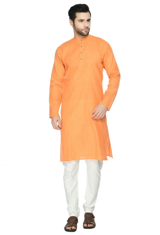 Tribes India Cotton Linen Kurta & Pyjama Set - Dark Orange