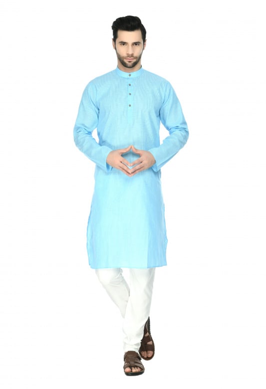 Tribes India Cotton Linen Kurta & Pyjama Set - Cyan - 36