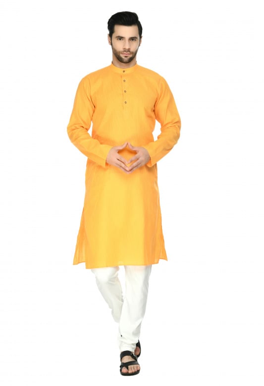 Tribes India Cotton Linen Kurta & Pyjama Set - Orange - 36