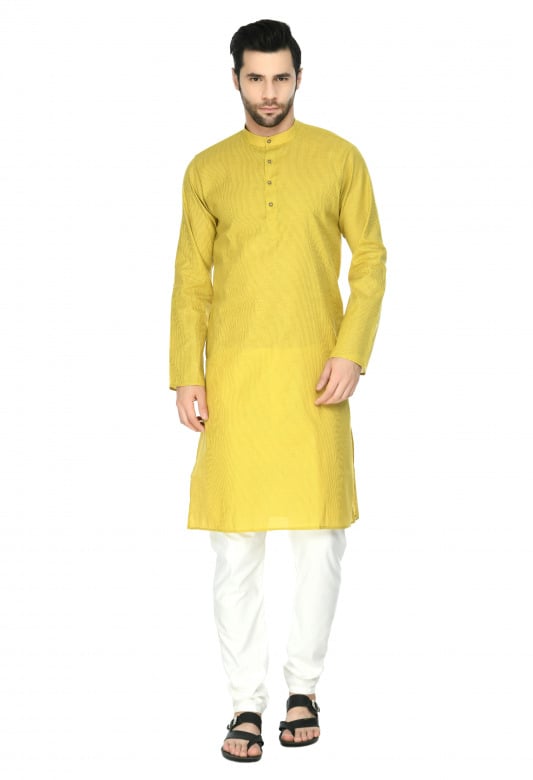 Tribes India Cotton Linen Kurta & Pyjama Set - Yellow - 40