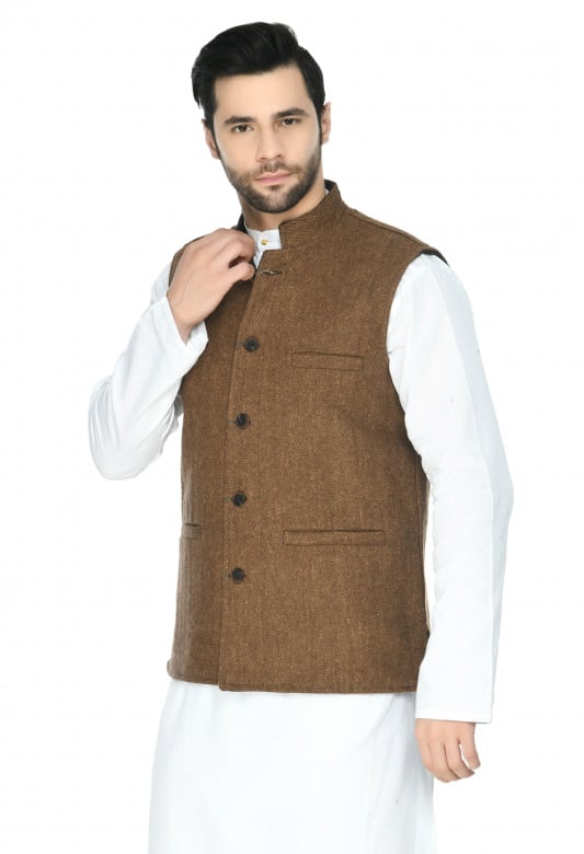 Tribes India Waist Coat For Men - Brown - 38