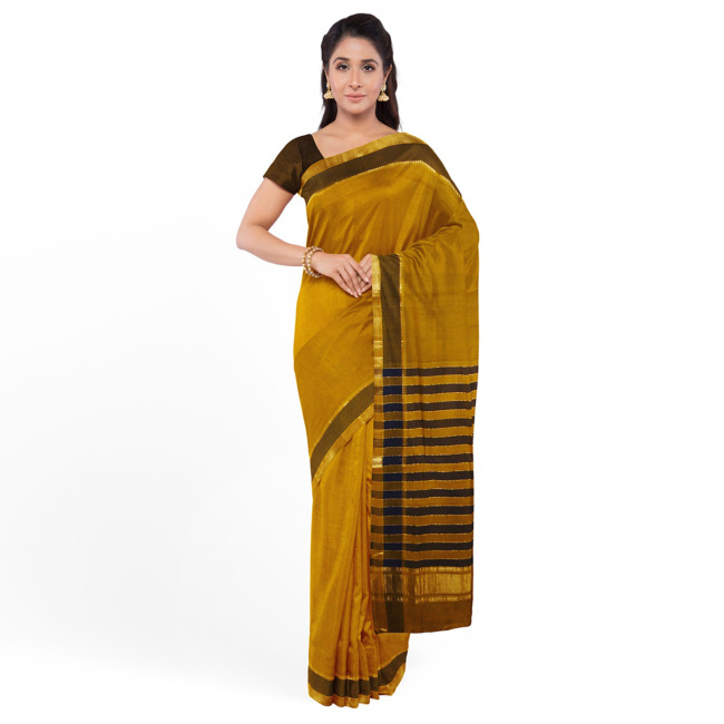 Tribes India Mangla Cotton Saree with Unstitched Blouse Piece Marigold Color