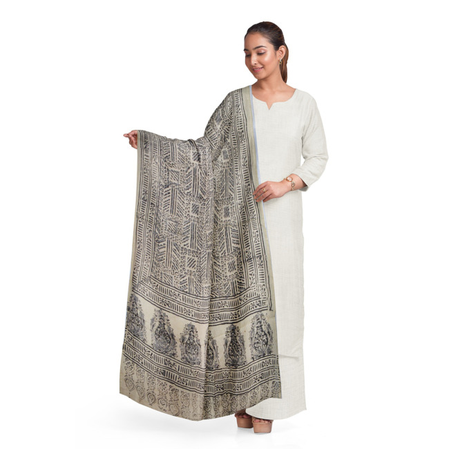 Tribes India Printed Kalamkari Design Silk Dupatta for Women Off White with Black Color
