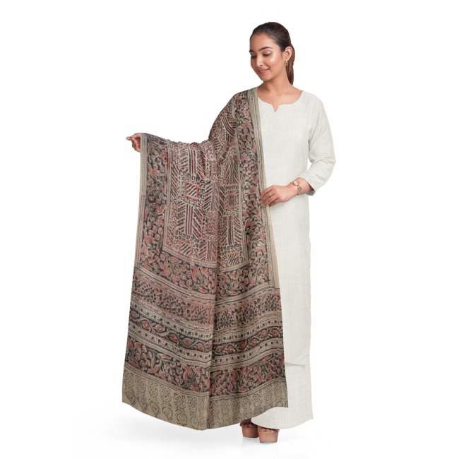 Tribes India Printed Kalamkari Design Silk Dupatta for Women Wheat Color