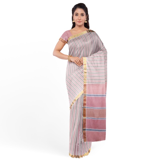 Tribes India Pochampally Ikkat Cotton Saree with Blouse Piece Light Brown & Pink Color