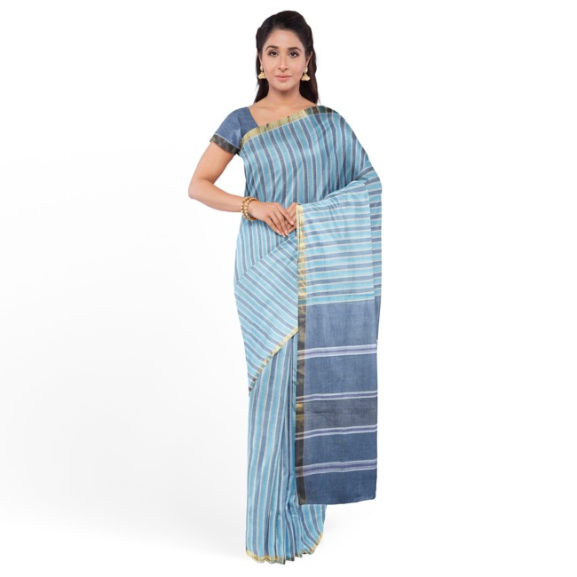 Tribes India Pochampally Ikkat Cotton Saree with Blouse Piece Grey & Blue Color
