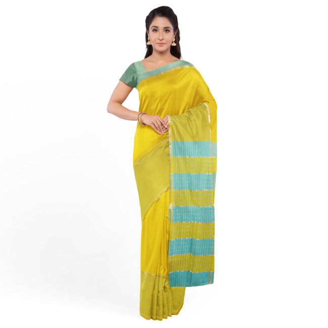 Tribes India Mangla Cotton Saree with Unstitched Blouse Piece Yellow Color