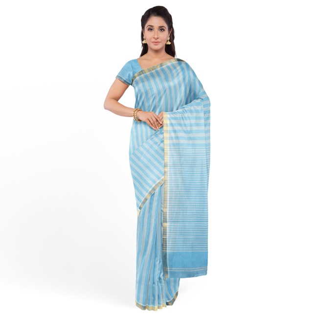 Tribes India Pochampally Ikkat Cotton Saree with Blouse Piece Sky Blue & Grey Color
