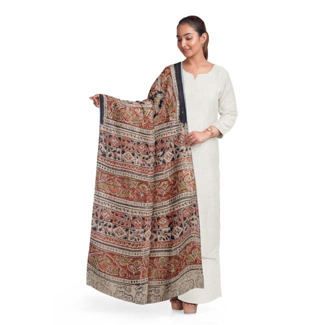 Tribes India Printed Kalamkari Design Silk Dupatta for Women Off White with kalamkari Design