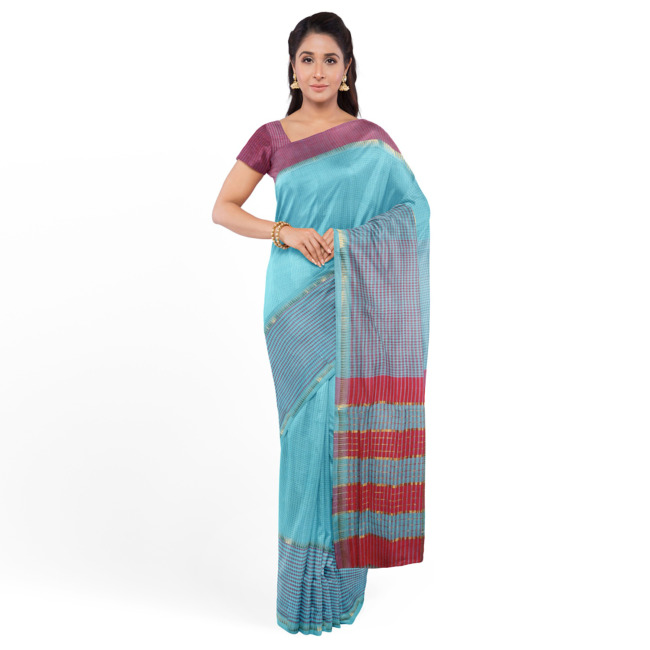 Tribes India Mangla Cotton Saree with Unstitched Blouse Piece Coral Blue Color