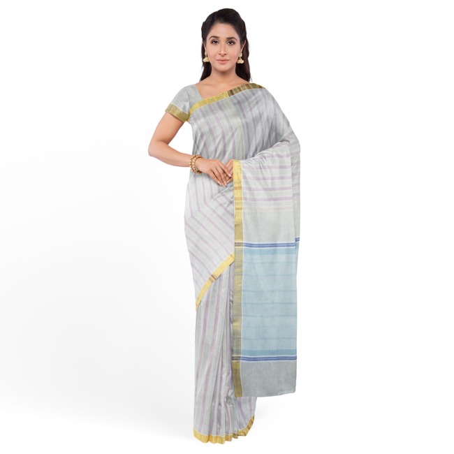 Tribes India Pochampally Ikkat Cotton Saree with Blouse Piece Light Purple & Sky Blue Color