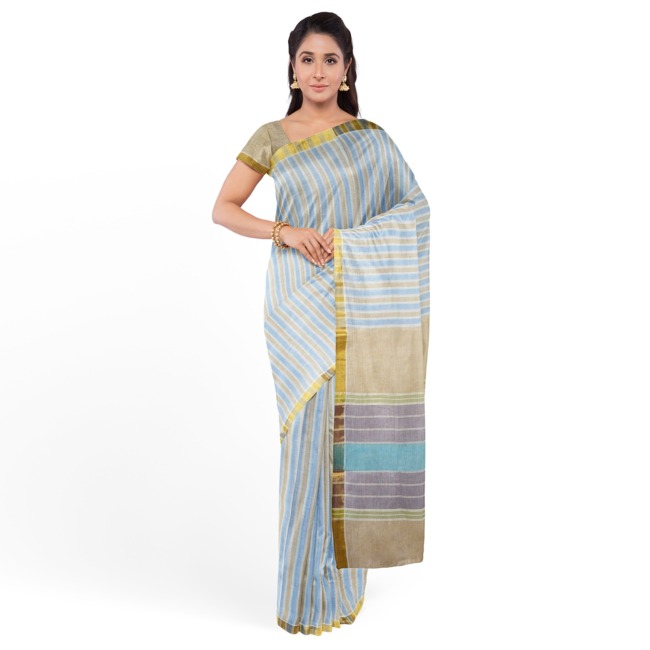 Tribes India Pochampally Ikkat Cotton Saree with Blouse Piece Light Brown & Sky Blue Color