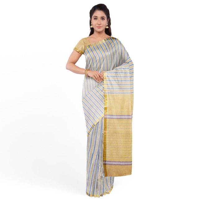Tribes India Pochampally Ikkat Cotton Saree with Blouse Piece Grey & Golden Yellow Color