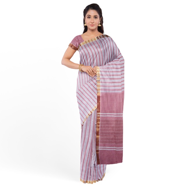 Tribes India Pochampally Ikkat Cotton Saree with Blouse Piece Off White & Indian Red Color