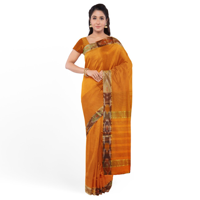 Tribes India Pochampally Ikkat Cotton Saree with Ikkat Border & Unstitched Blouse Piece Orange Color