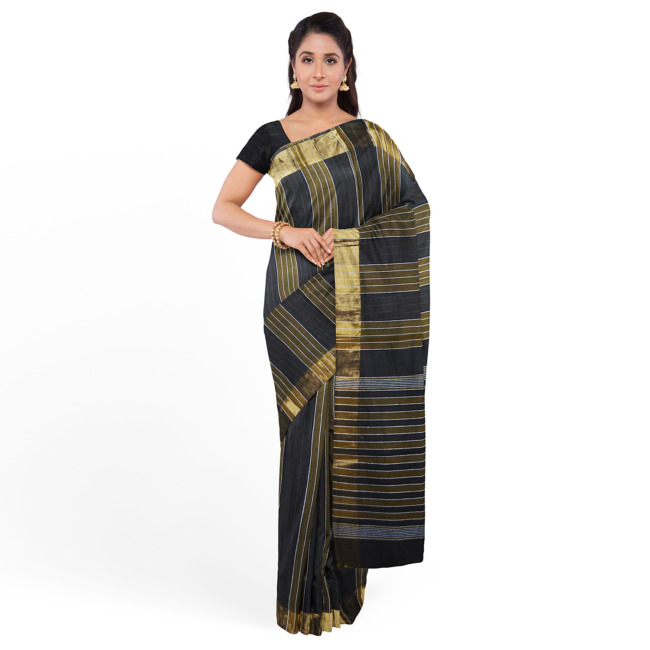 Tribes India Ikkat Plain Cotton Saree with Pochampally Ikkat Border with Blouse Piece Black & Peanut Color
