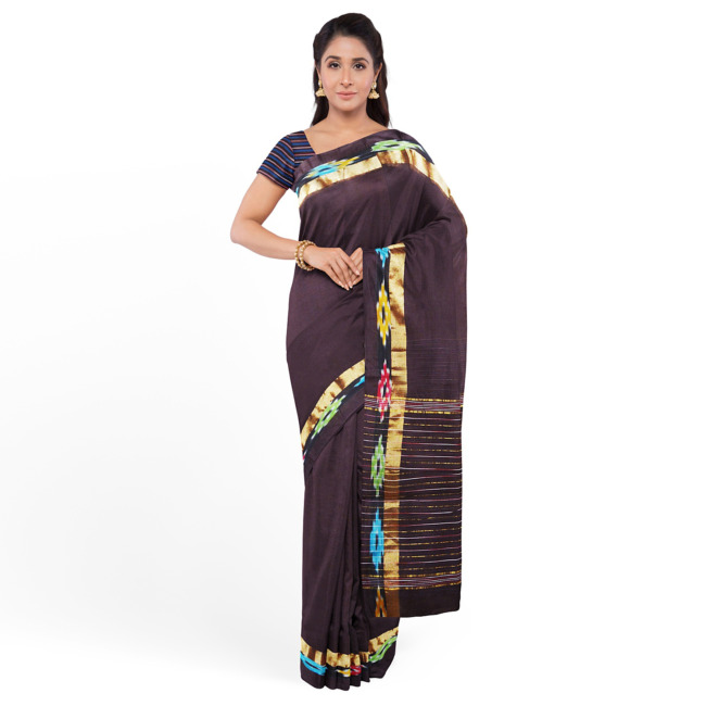 Tribes India Ikkat Plain Cotton Saree with Pochampally Ikkat Border with Blouse Piece Chocolate Color