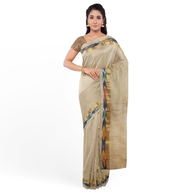 Tribes India Ikkat Plain Cotton Saree with Pochampally Ikkat Border with Blouse Piece Cream Color