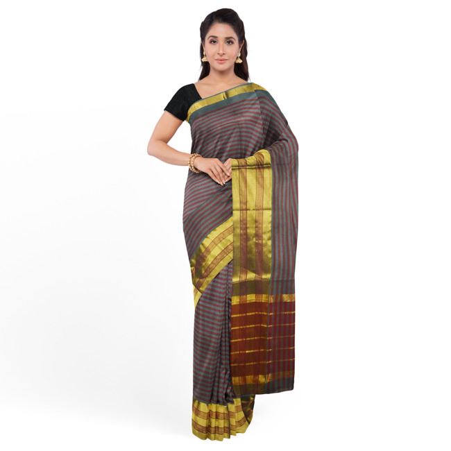 Tribes India Womens Traditional Jerry Cotton Saree with Blouse Piece Rust Red & Grey Color