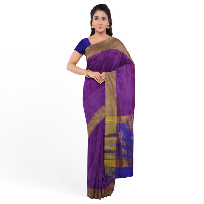 Tribes India Womenâ€™s Lichi Silk Saree with Blouse Piece Violet Blue Color