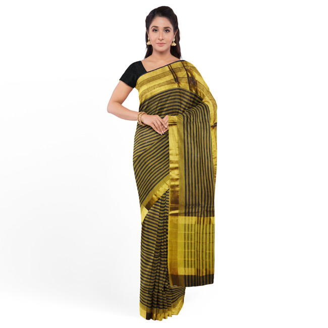 Tribes India Womens Traditional Jerry Cotton Saree with Blouse Piece Navy Blue & Yellow Color