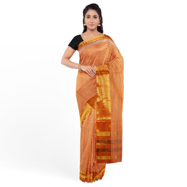 Tribes India Womens Traditional Jerry Cotton Saree with Blouse Piece Light Orange Color