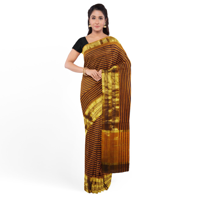 Tribes India Womens Traditional Jerry Cotton Saree with Blouse Piece Lightish Yellow & Navy Blue Color