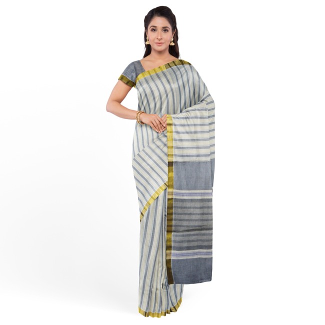 Tribes India Pochampally Ikkat Cotton Saree with Blouse Piece Grey & Off White Color