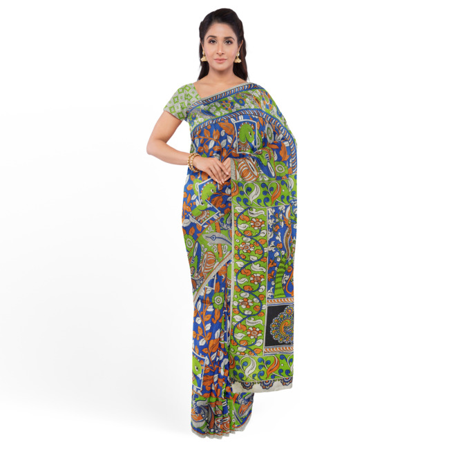 Tribes India Printed Kalamkari Design Silk Saree with Blouse Piece Light Green & Blue Color