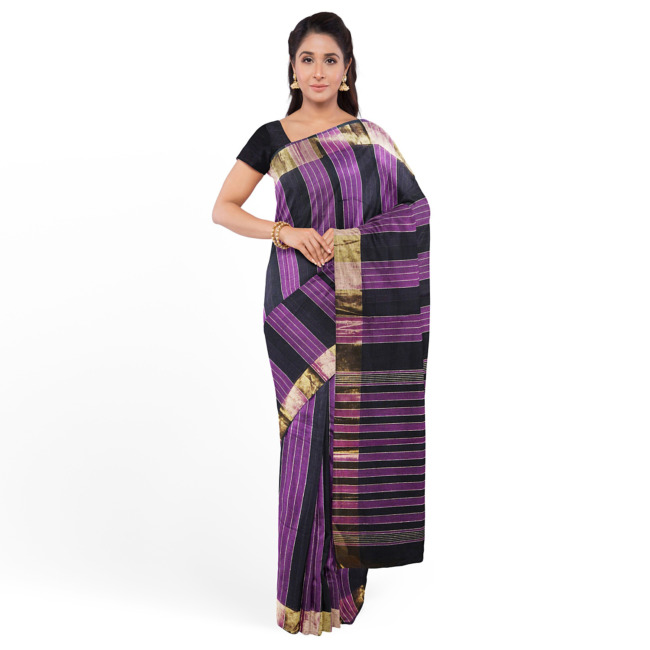 Tribes India Pochampally Ikkat Cotton Saree with Ikkat Border & Unstitched Blouse Piece Black & Brinjal Color