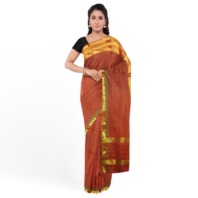 Tribes India Womens Traditional Jerry Cotton Saree with Blouse Piece Red with Light Green Color