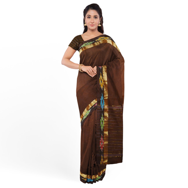 Tribes India Pochampally Ikkat Cotton Saree with Ikkat Border & Unstitched Blouse Piece Brown Color