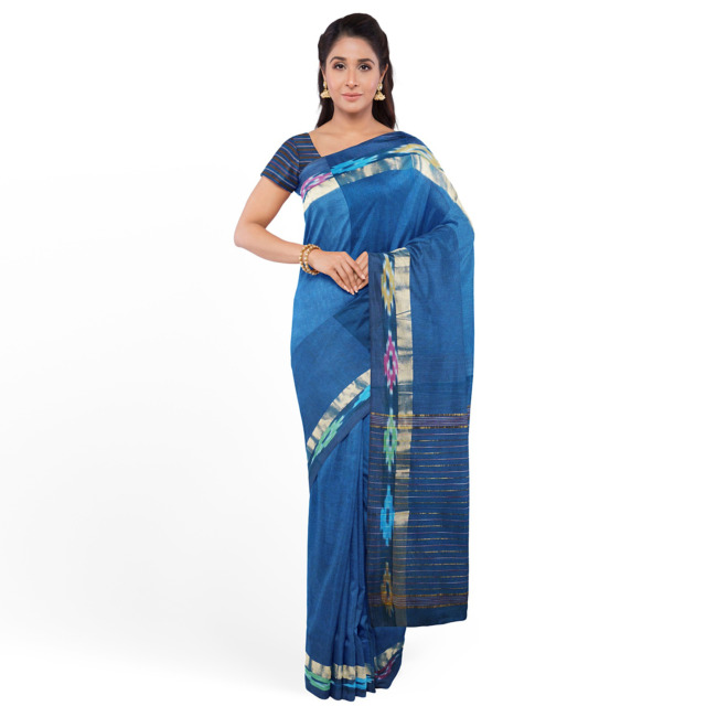 Tribes India Pochampally Ikkat Cotton Saree with Ikkat Border & Unstitched Blouse Piece Peacock Blue Color
