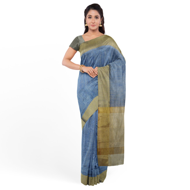 Tribes India Womens Lichi Silk Saree with Blouse Piece Ash Grey Color
