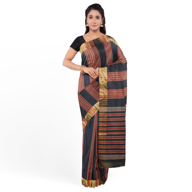 Tribes India Pochampally Ikkat Cotton Saree with Ikkat Border & Unstitched Blouse Piece Black & Light Brown Color