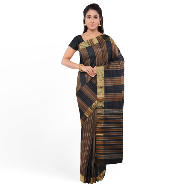 Tribes India Pochampally Ikkat Cotton Saree with Ikkat Border & Unstitched Blouse Piece Black & Chocolate Color