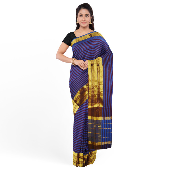 Tribes India Womens Traditional Jerry Cotton Saree with Blouse Piece Blue with Golder Border Color