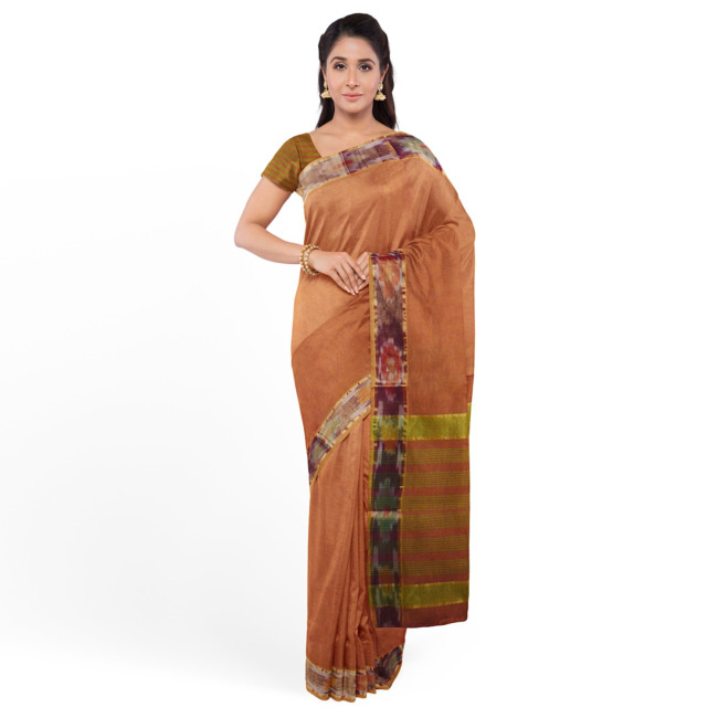 Tribes India Pochampally Ikkat Cotton Saree with Ikkat Border & Unstitched Blouse Piece Indian Red Color