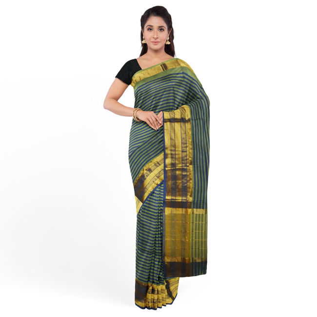 Tribes India Womens Traditional Jerry Cotton Saree with Blouse Piece Navy Blue & Light Green Color