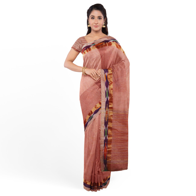 Tribes India Pochampally Ikkat Cotton Saree with Ikkat Border & Unstitched Blouse Piece Carnation Pink Color