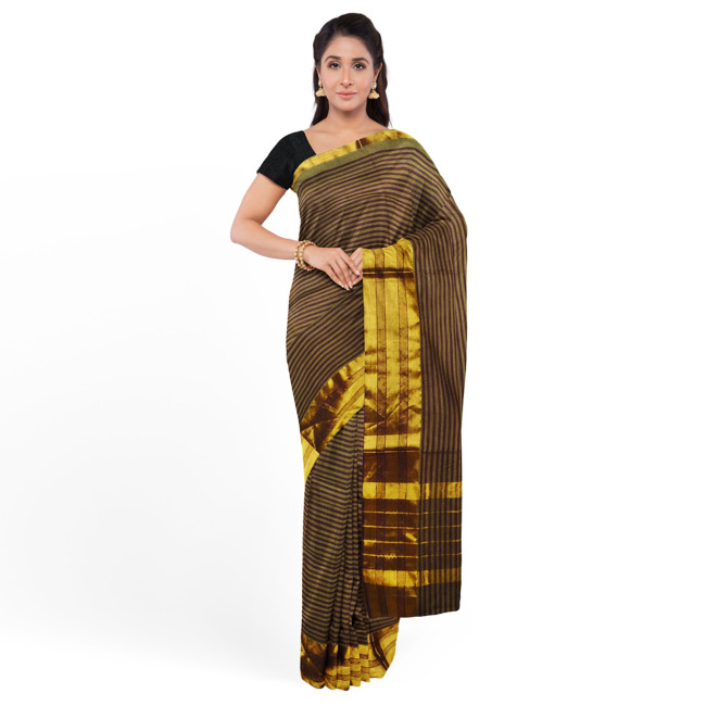 Tribes India Womens Traditional Jerry Cotton Saree with Blouse Piece Brown & Golder Color