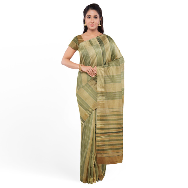 Tribes India Pochampally Ikkat Cotton Saree with Ikkat Border & Unstitched Blouse Piece Golden Ash Grey Color