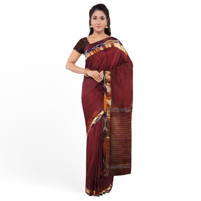 Tribes India Pochampally Ikkat Cotton Saree with Ikkat Border & Unstitched Blouse Piece Maroon Color