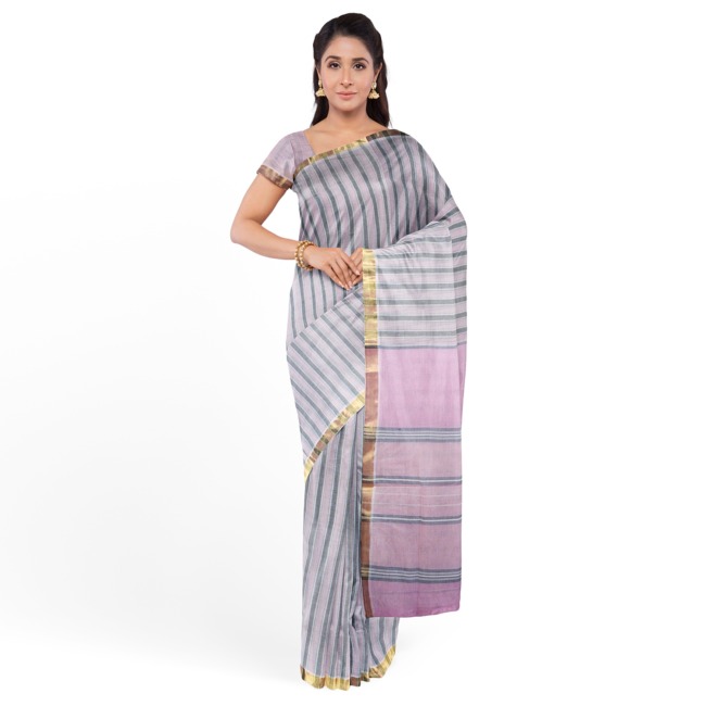 Tribes India Pochampally Ikkat Cotton Saree with Blouse Piece Sky Blue & Grey Color
