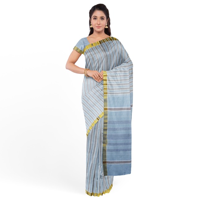 Tribes India Pochampally Ikkat Cotton Saree with Blouse Piece Sky Blue & Grey Color