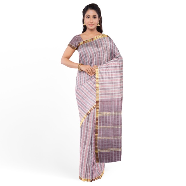 Tribes India Pochampally Ikkat Cotton Saree with Blouse Piece Light Brown & Light Pink Color
