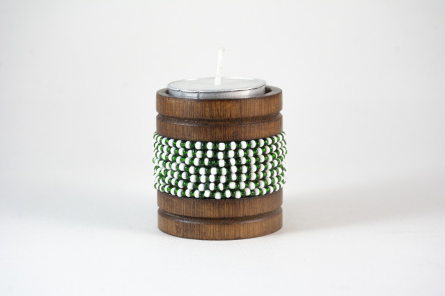 Handmade Natural Bamboo Tealight Candle Holder With White and Green Beads Work (PVTG)