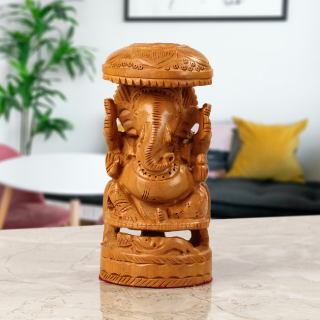 Hand Carved Wooden Ganesh Ji With Chatri