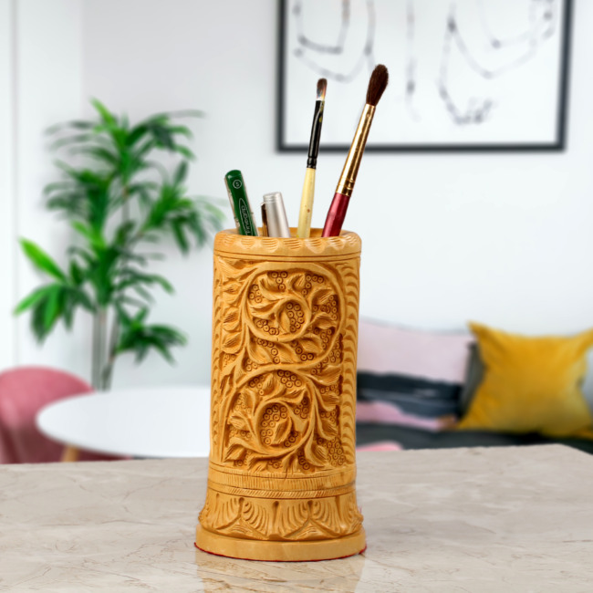 Floral Wood Carving Pen stand